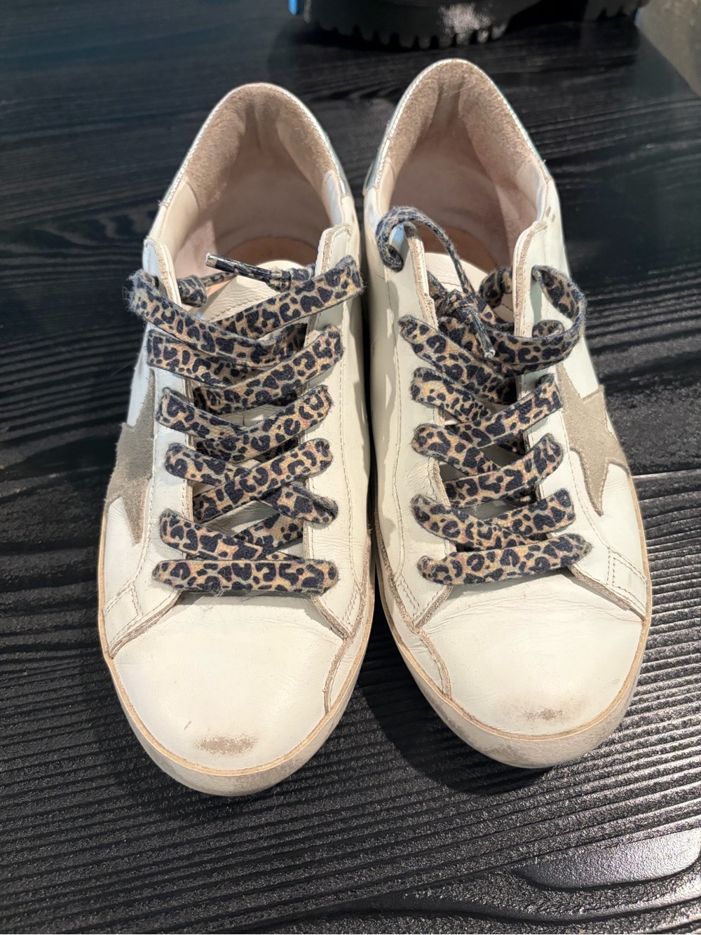 Golden Goose White Leather Sneakers with Leopard Print Laces